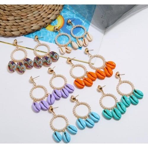 Clothing Accessories Geometric Faux Pearl Shell Starfish Coin Eardrop Personality Creative Metal Embossed Pendant Charm Earrings