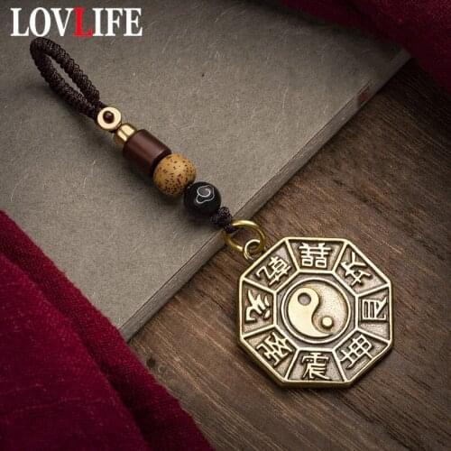 Pure Brass Gossip Tag Keychain Rope Pendants Vintage Metal Chinese Feng Shui Lanyard Keyrings Jewelry Handmade Rope Key Chains