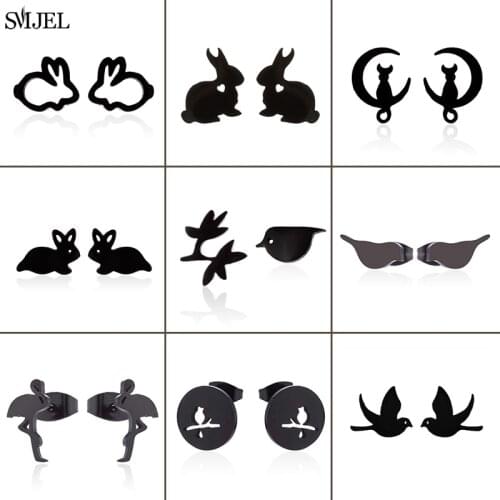 Punk Black Stainless Steel Animal Earrings for Women Fashion Earings Jewelry Children Bird Rabbit Stud Earrings Accessories