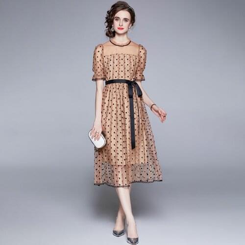Elegant Polka Dot Summer Mesh Dress Women Bow Lace Party Dress Vintage Short Sleeve Casual Long Midi Dress Plus Size Khaki k6723