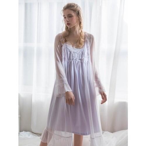Hanxiuju 2 Pieces Sexy Robe Sets for Women Long Sleeve Royal Gauze Modal Embroidery Long Sleepwear Summer Holiday Night Dress