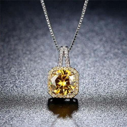Fashion Female Square Shape Pendant Necklace Elegant Silver Color Yellow Zircon Necklace Minimalist Wedding Necklace For Women