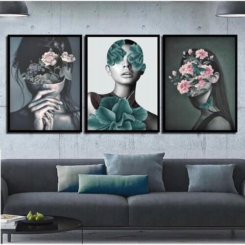 Fashion Fresh Plant Pink Flowers Girl Canvas Painting Nordic Posters and Prints Modern Home Decoration Bedroom Wall Art Pictures