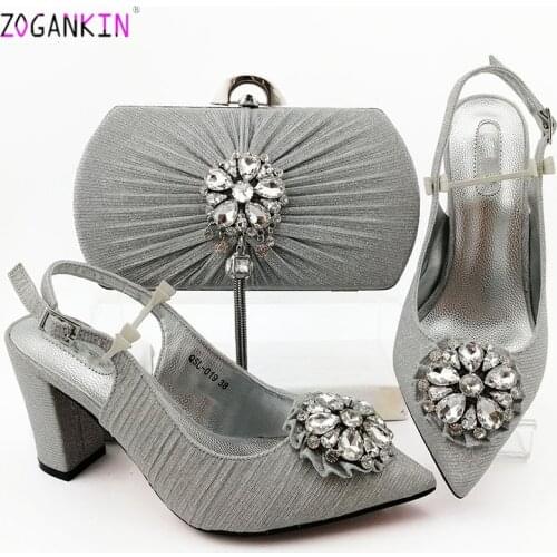 Latest Fashion Crystal Silver Color Pointed Toe Sandals And Bag Set African Style Woman Shoes And Matching Purse Set