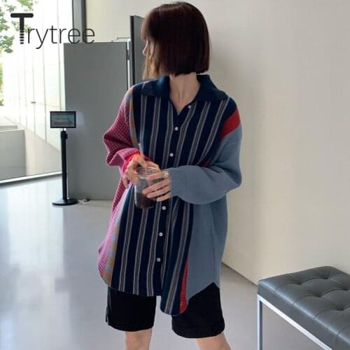 Trytree Autumn Woman Casual Sweater Turn-down Collar Single Breasted Oversize Cardigan Women Sweater Striped Long Knitted Coat