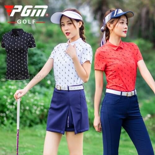 PGM Golf Wear Women Print Golf T-shirts Short Sleeve Breathable Tops Turn Down Collar Slim Polo Tshirt Team Uniform Sportswear