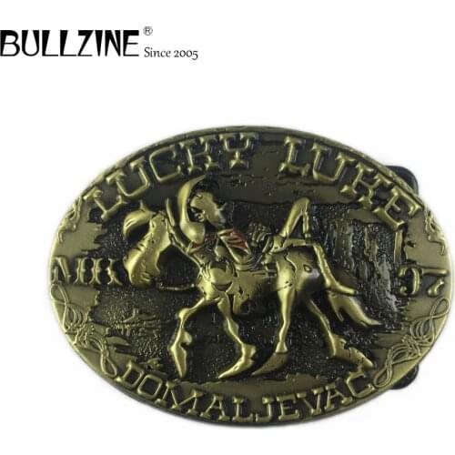 Bullzine Lucky luke horse western cowboy belt buckle with antique brass finish FP-03370-1 suitable for 4cm width snap on belt