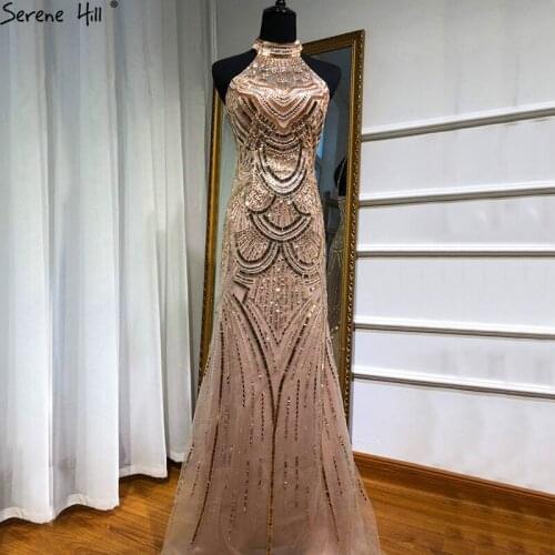 Sleeveless Mermaid Luxury Sparkle Evening Dress 2020 Gold Halter Sequined Beading Sexy Evening Gowns Real Photo BLA6461