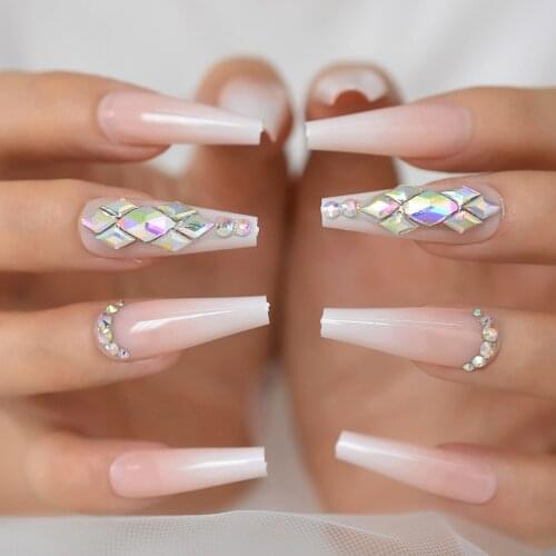 Luxury Press On Nails Extra Long Coffin Crystal Diamond 3d Fake Nails With Rhinestones Ombre Bling False Nail Art