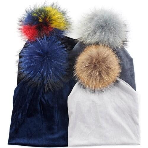 Adult Beanie Hat Skull Autumn Winter Warm Hat Beanies Skull Cap With 15cm Real Fur Pompom Ball For Men Women