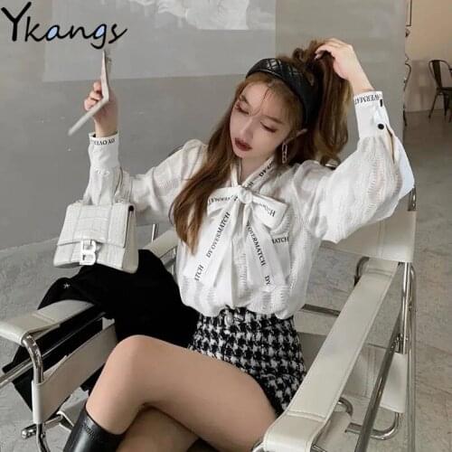 With Bow Ribbon Turn Down Collar Chiffon Chic Blouse Women Long Sleeve Lace Korean Fashion Tops Sweet Elegant Lace Shirt Female