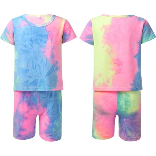Chidren Tracksuit Girls Kids Tie Dye Print Summer Outfits Short Sleeves T-shirt and Shorts Set for Running Workout Casual Wear