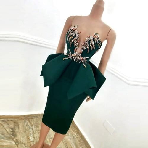 Hunter Green Mermaid Prom Dresses With peplum Sheer Neck Beads Sexy Back Women Evening Gowns African Women Party Dress Cheap