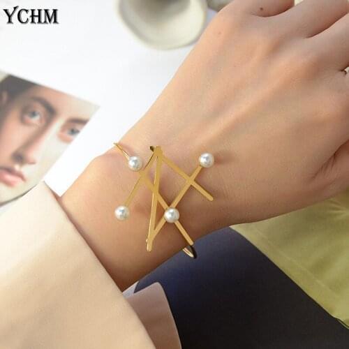 Vintage Pearl Bangel for Women Stainless Steel Open Adjustable Bangle 2021 Statement Cross Charm Bracelets for Women YCHM