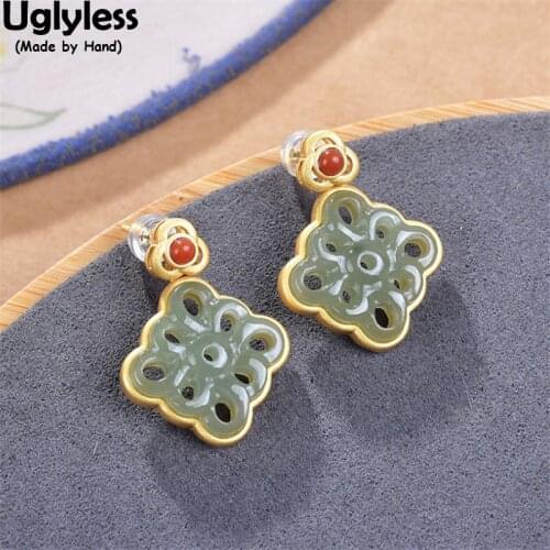 Uglyless Hollow Clover Jewelry Sets for Women Carved Chinese Knot Natural Jade Earrings Pendants Necklaces NO Chain 925 Silver