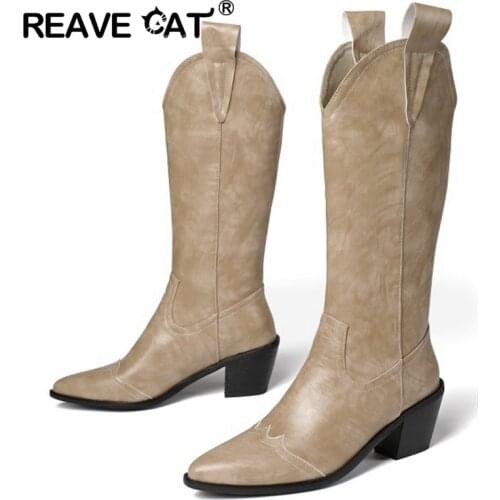 REAVE CAT Vintage Square High Heel Wide Leg Knee High Boots Women Shoes Pointed Toe Western Style Zipper Big Size 34-46 S2351