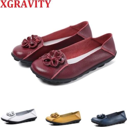 XGRAVITY Girl Flower Design Flats Lady Fashion Flat Shoes Elegant Comfortable Plus Size Woman Genuine Leather Female Shoes C077
