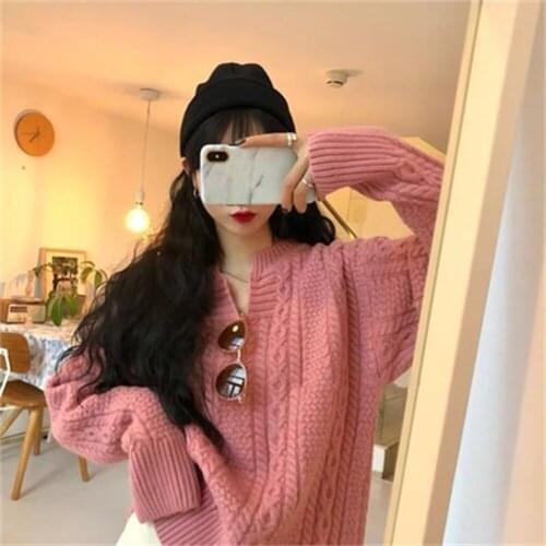 2021 Autumn New Korean Style Outer Wear V-Neck Sweater Female Gentle Wind Thick Loose Hedging Twist Knit Sweater H404