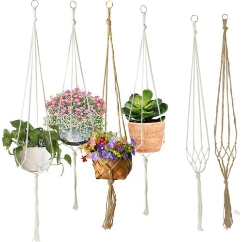 1Pc Handmade Macrame Flower Pot Hanging Basket Knotted Rope Flowerpot Net Bag Horticultural Home Door Balcony Courtyard Garden
