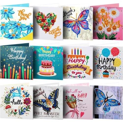 12pcs DIY Greeting Cards Special Shaped Diamond Painting Butterfly Birthday Cake Flower Pattern Resin Diamond Handmade Crafts