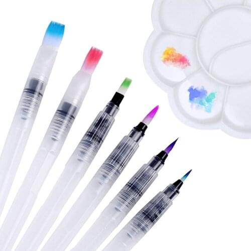 6 Set Watercolor Brush Pen Assorted Tips Size with Flower Shape Paint Plate Tray Mixing Palette