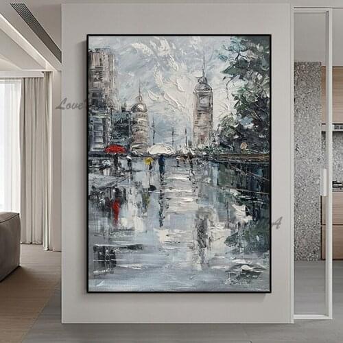 Handmade Abstract Oil Painting Of City Street On Rainy Day Modern Home Decoration Wall Canvas Unframed Picture For Restaurant
