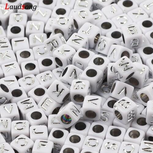 White and Silver Color Mixed Letter Acrylic Beads 6mm Square Alphabet Beads For Jewelry Making Diy Bracelet Necklace