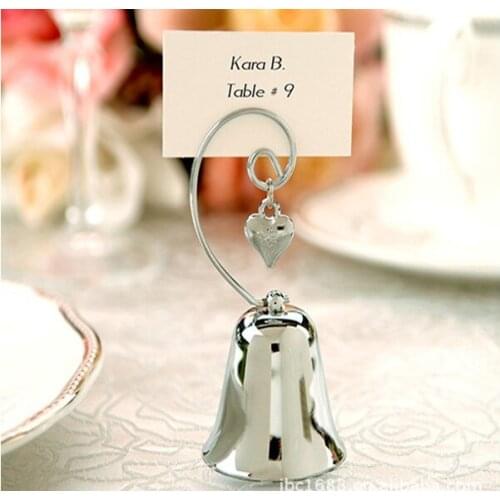 Free Shipping 100pcs/lot Wedding Favors Charming Chrome Bell Place Card/Photo Holder with Dangling Heart charm