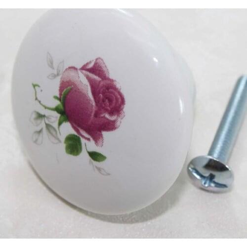 Free Shipping Ceramic Kitchen Handle Drawer Cabinet Knob Red Rose Dresser Cupboard modern simple Furniture Pull 38mm