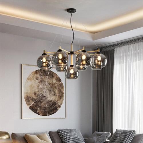 Living Room Gold Metal E27 Led Chandelier Smoky Gray Amber Glass Hanging Chandelier Lighting Adjustable Led Drop light Fixtures