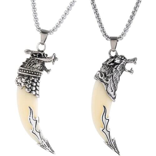 Jessingshow Wolf Tooth Men Necklace Fashion Resin Wolf Tooth Alloy Wolf Head Faucet Pendant Necklace With Metal Chain Jewelry
