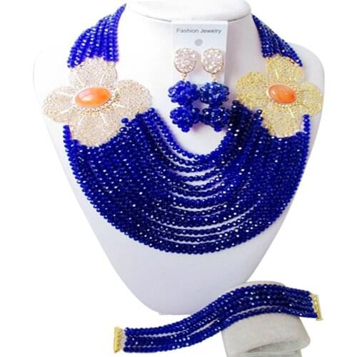 Royal Blue Crystal Beaded Necklace African Jewelry Set Nigerian Wedding Bridal Set Jewelry