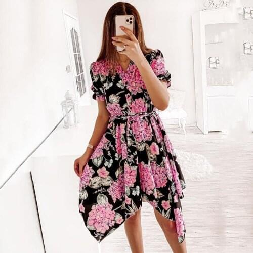 Summer For Womens Dresses Fashion Printed V Neck Buttons Casual Loose Lace Up Waist Short Sleeve Irregular Ladies Dresses 2021