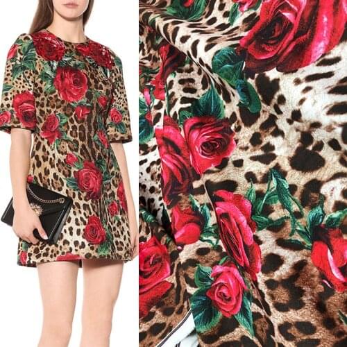 100x145cm Leopard and Rose Print Thin Jacquard Cady Fabric for Woman Autumn Dress Cheongsam Skirt Shirt Sewing DIY