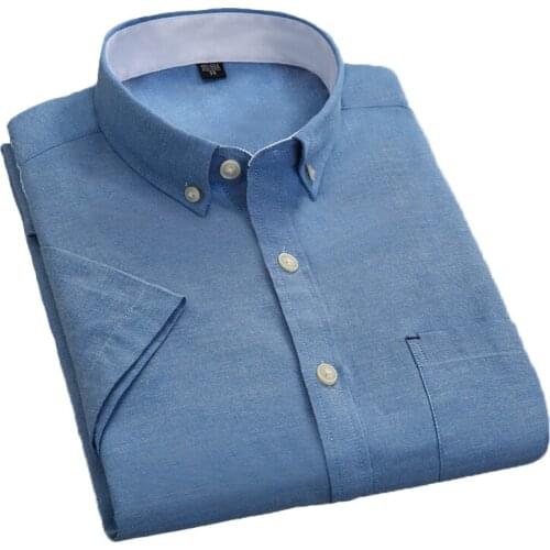 Aoliwen brand Short Sleeve Shirt Men 2021 Summer Office Basic Style Mens Oxford Shirt Plus Size Solid Blue Cotton Male Shirt
