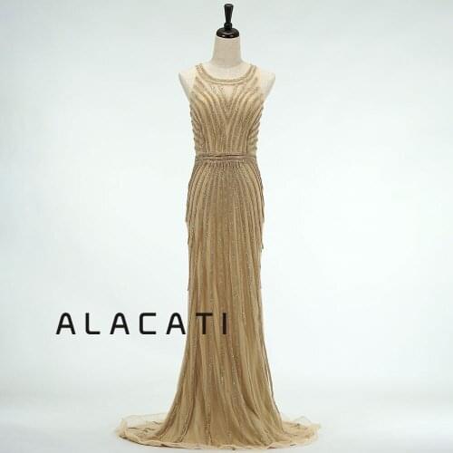 2019 new blue evening dress female fashion mesh tailing heavy work beaded fishtail evening dress