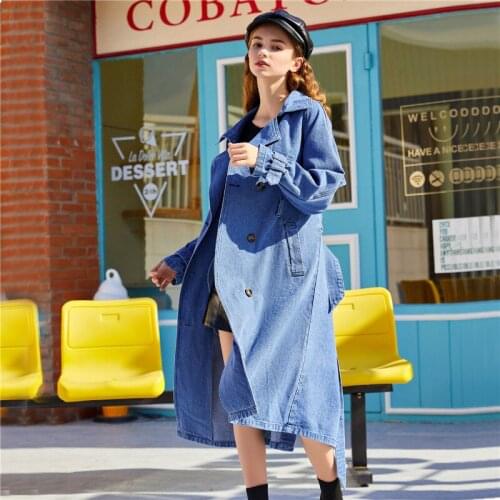 Autumn Mid-length Loose Double breasted Women Denim Windbreaker Coat With belt Plus size Casual Jaqueta jeans feminina Outerwear
