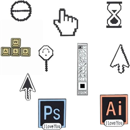 Personality Computer Icon Mouse Pointer Metal Enamel Brooch PS AI Toolbar Hourglass Keyboard Arrow Badge Pin Fun Trendy Jewelry