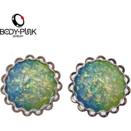 BODY PUNK Piercing Jewelry Blue Green Mix Opal Ear Plugs Stainless Steel Ear Expander Flesh Tunnel Screw Fit Ear Gauge 6-20mm
