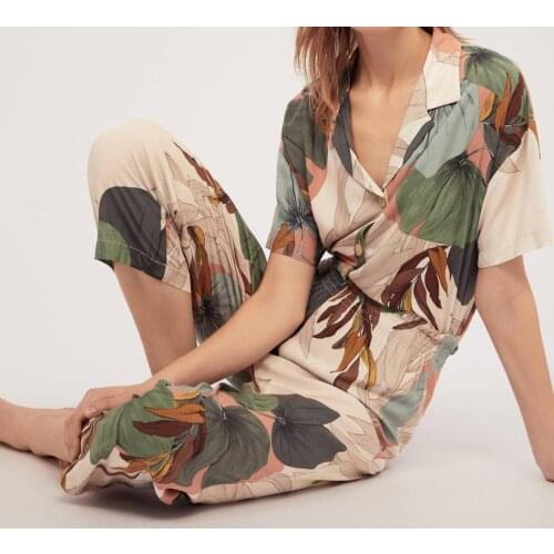 2PCS Pajamas Set Womens Short sleeve Long Trousers Pajamas with Leaves Printingl Casual Loose Homewear Large Size Home Clothes