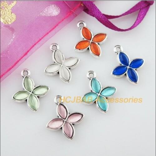 18 New Flower Cat Eye Stone Mixed Charms Tibetan Silver Tone Pendants 15.5x18mm