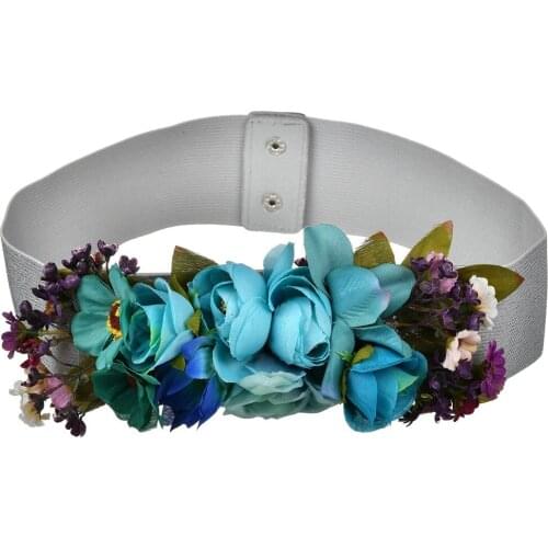 Sweet Elegant Women Pink Flower Belt Elastic Waist Chain Wedding Buckle Waistband Boho Floral Belt Accessories DW08