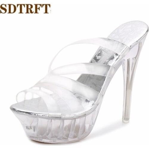 SDTRFT Plus:35-43 Summer 2018 Stiletto Transparent slippers crystal shoes woman 14cm thin heels Open Toe sexy sandal Lady pumps