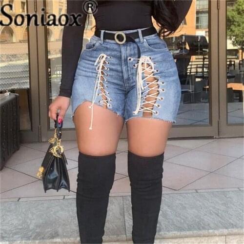 Sexy Blue Hollow Out Denim Shorts 2021 Summer Women High Waist Ripped Tassel Short Jeans Lace Up Bandage Hotpants Plus Size 3XL
