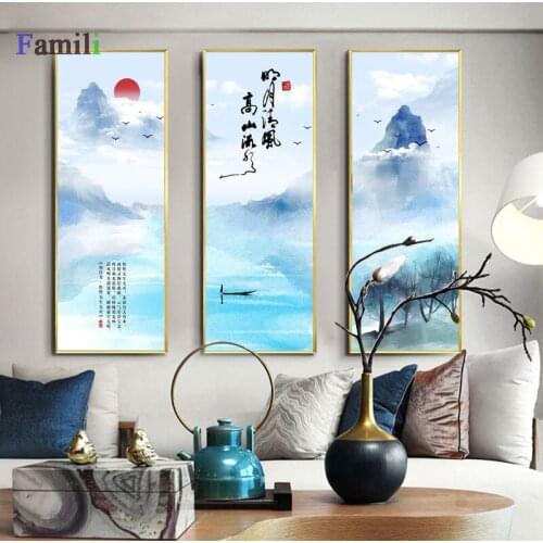 Modern Chinese painting 3pcs Canvas Painting Abstract Landscape Painting Prints For Pintura Living Room Bedroom Decor Wall Art