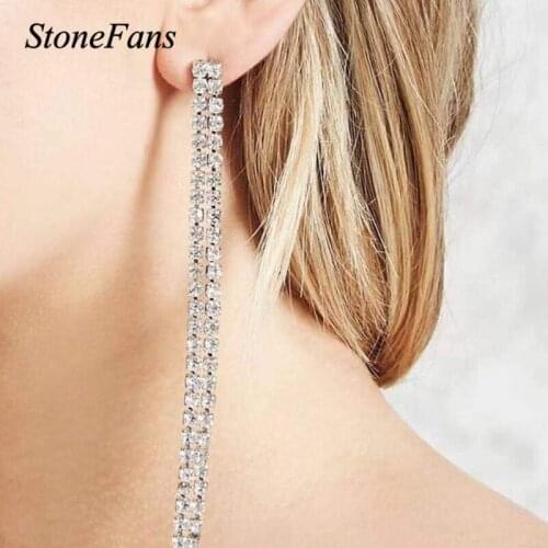 StoneFans Rhinestone Simple Long Chain Earrings Gold Plated Personality bling Tassel Design Glam Crystal Drop Earrings Jewelry