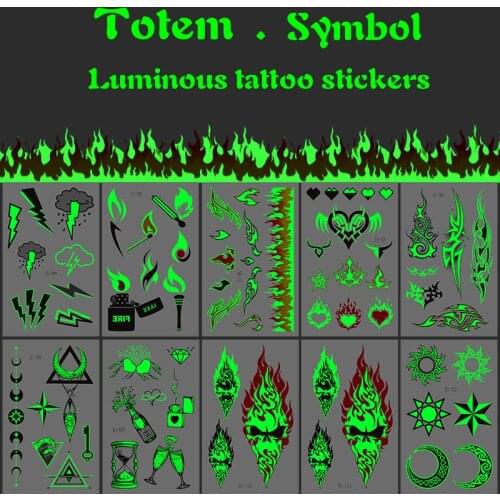 Luminous Tattoo Sticker Symbol Flame Stars Moon Snowflake Flash Wolf Waterproof Fake Tattoo Arm Body Art Anime Tattoo