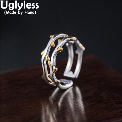 Uglyless Genuine 925 Silver Sprouted Branches Rings for Women Glossy Silver Hollow Rings Lovely Spring Elements Dress Jewelry