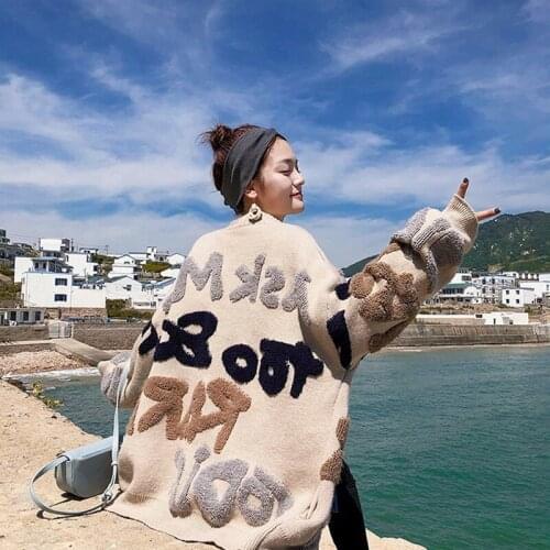 Spring Autumn Warm Female Casual Streetwear Loose Open Stitch Sweater Women Fashion Letter Printed Thick Cardigan Sweaters