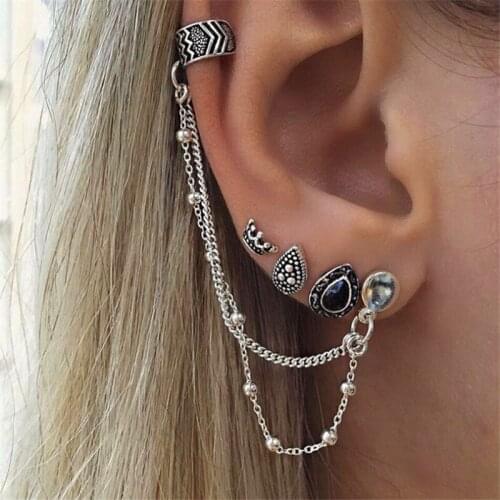 Vintage Boho Style Earrings Set for Women No Piercing Ear Cuff Earring Pair Ear Clip Climber Wrap Afrocentric Chain Ethnic Y3JD8